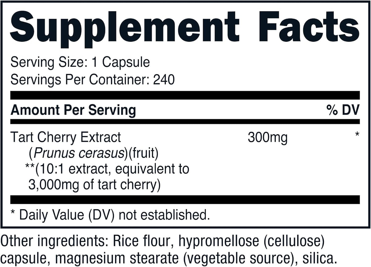 Nutricost Tart Cherry Extract Supplement Facts panel showing 300mg of 10:1 extract per serving