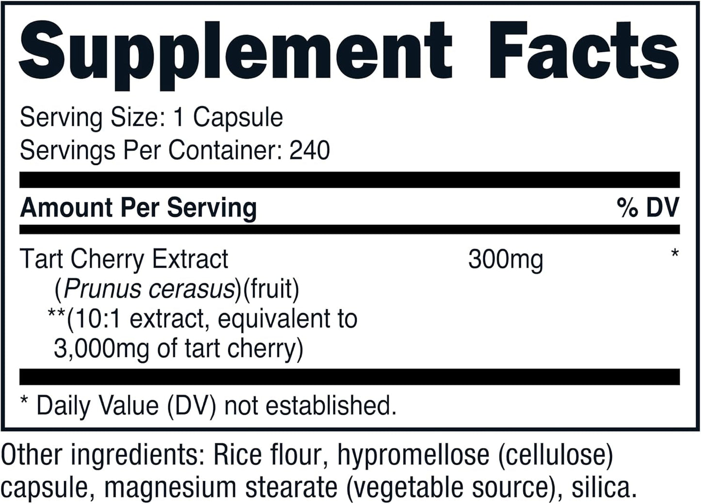 Nutricost Tart Cherry Extract Supplement Facts panel showing 300mg of 10:1 extract per serving