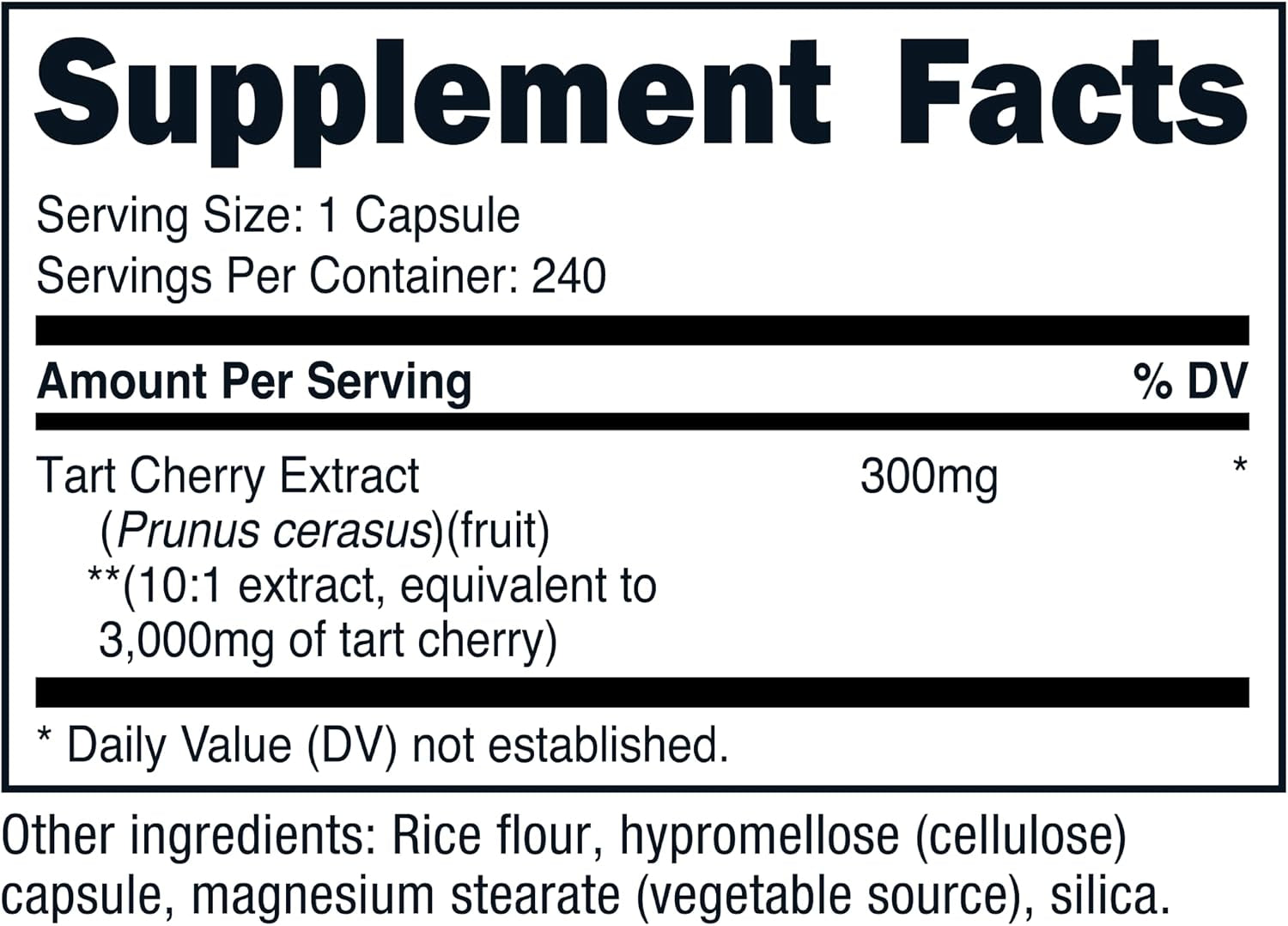 Nutricost Tart Cherry Extract Supplement Facts panel showing 300mg of 10:1 extract per serving