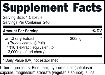 Nutricost Tart Cherry Extract Supplement Facts panel showing 300mg of 10:1 extract per serving