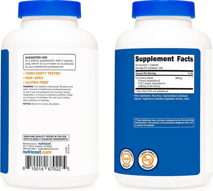 Nutricost Tart Cherry Extract suggested use and Supplement Facts label panels