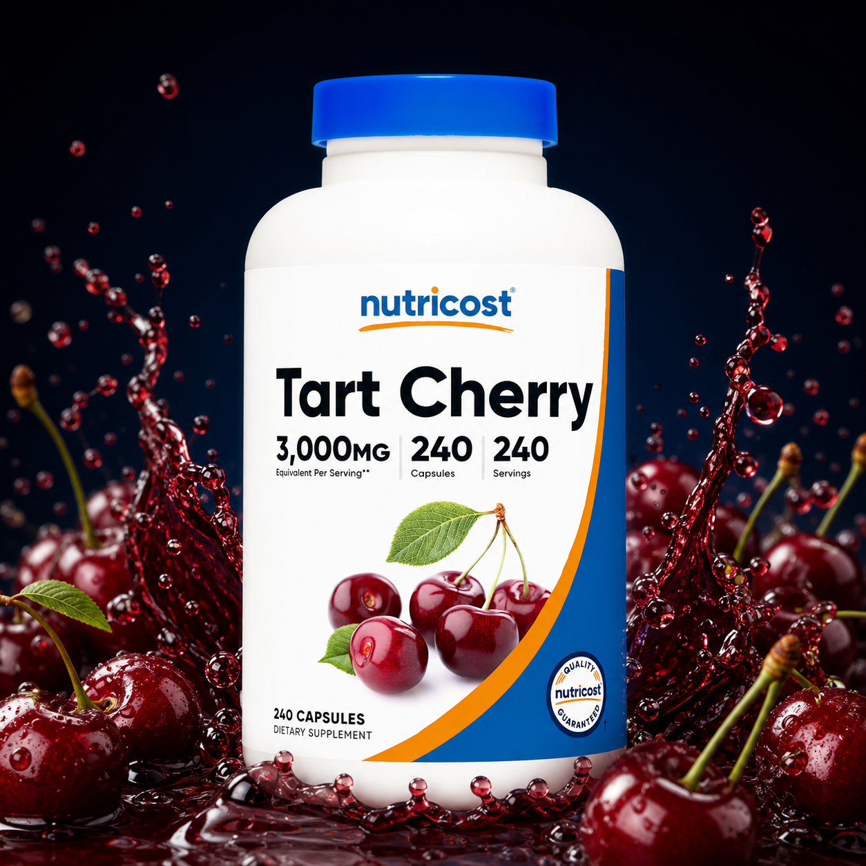 Nutricost Tart Cherry Extract bottle in a premium tart cherry splash product scene