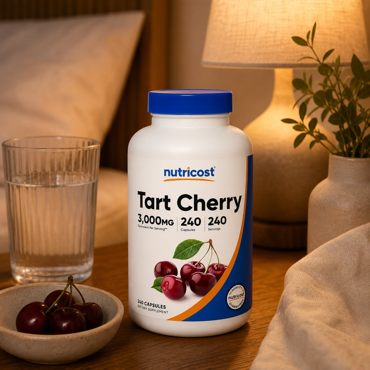 Nutricost Tart Cherry Extract bottle in a warm evening routine setting with a glass of water
