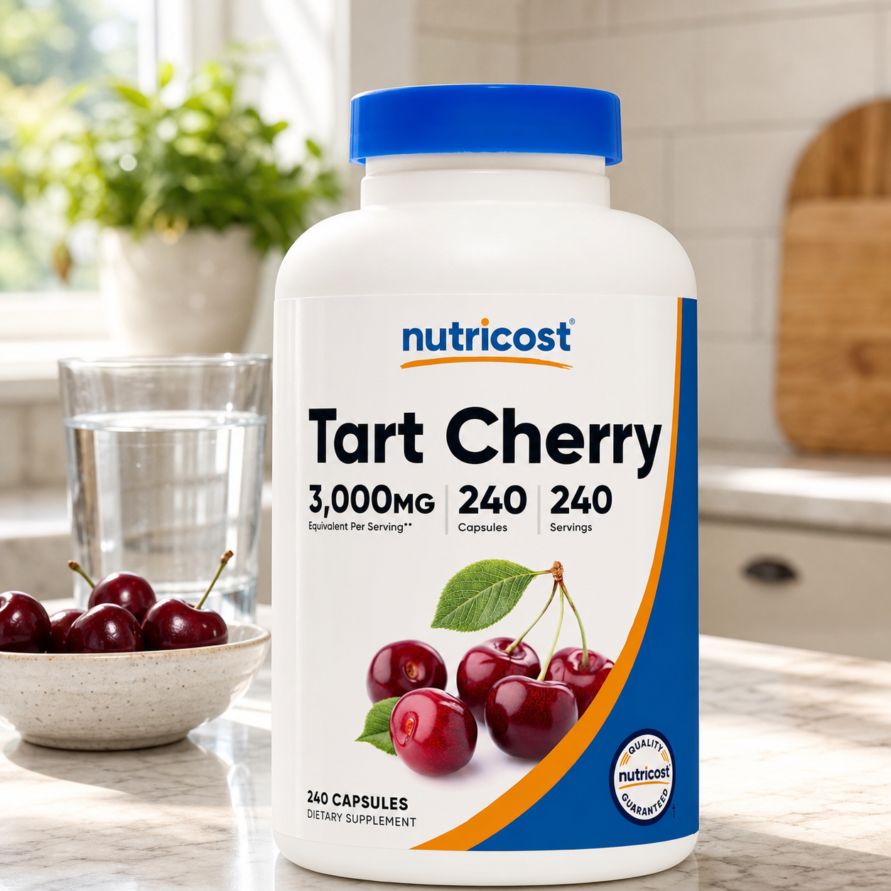 Nutricost Tart Cherry Extract bottle in a bright morning kitchen with water and fresh cherries