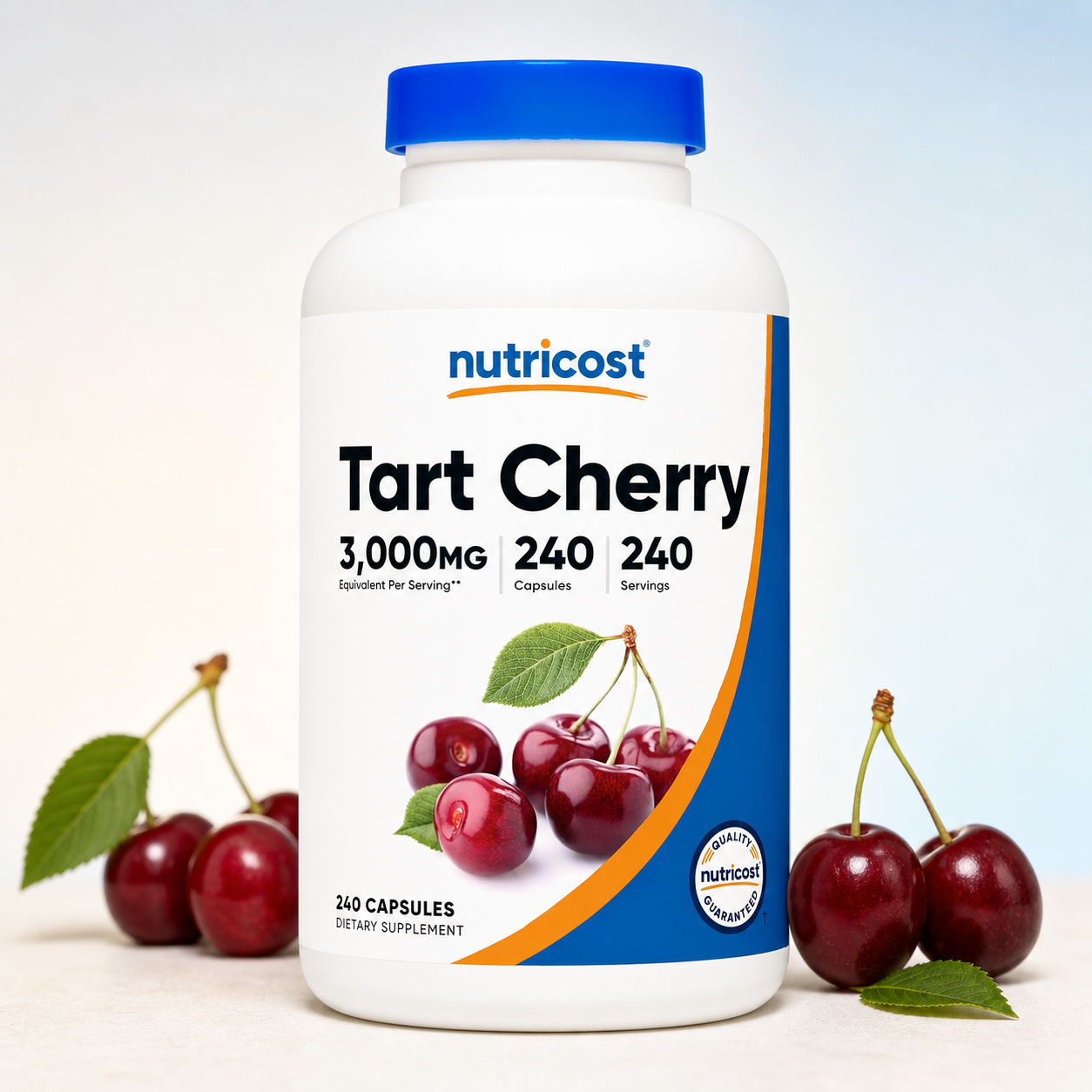 Nutricost Tart Cherry Extract bottle with fresh tart cherries on a clean studio background