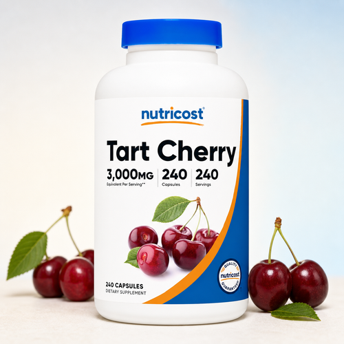 Nutricost Tart Cherry Extract bottle with fresh tart cherries on a clean studio background